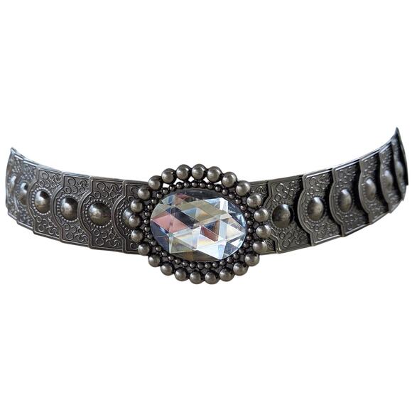 Vintage BrutalistBling Metal Stretch Belt Large Oval Crystal Whimsy Goth